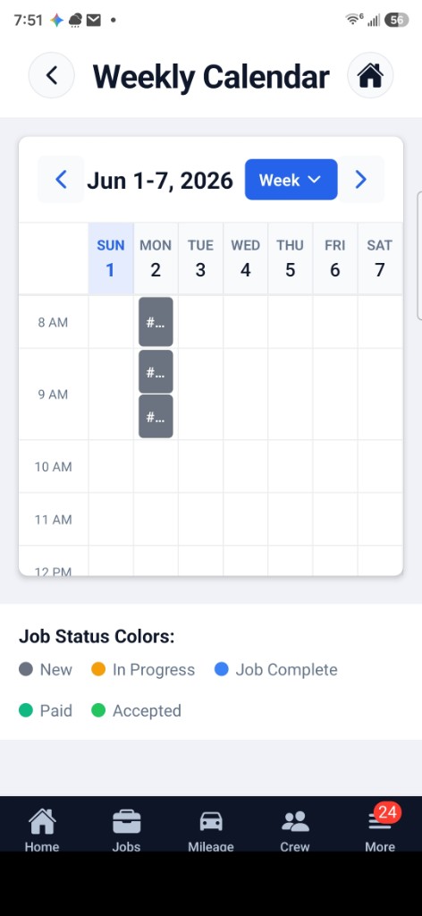 JobPilot weekly calendar with scheduled jobs and job status