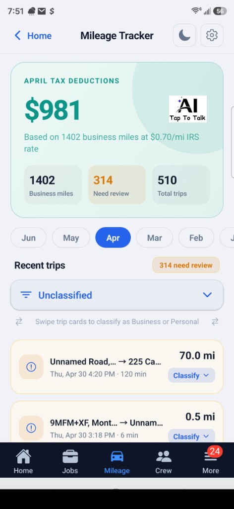 JobPilot mileage tracker showing business miles and tax savings