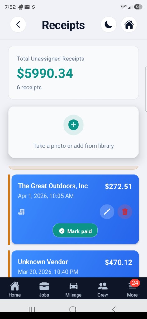 JobPilot receipt capture screen